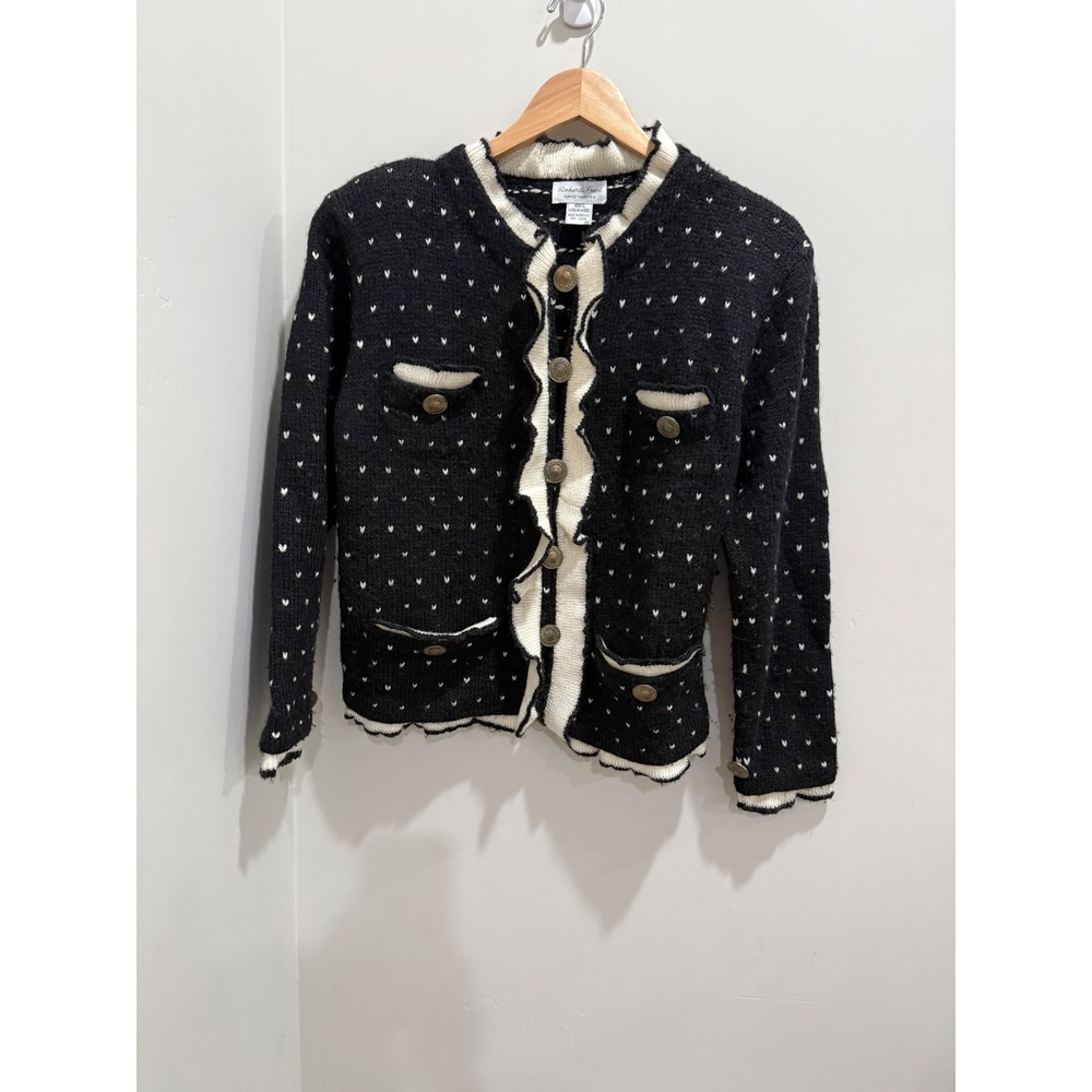 Roberta Frost Hand Knitted Virgin Wool Cardigan Black White Heart Ruffle Medium